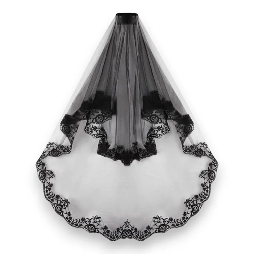 Black Multi Layer Embroidery Lace Veil OS NWT